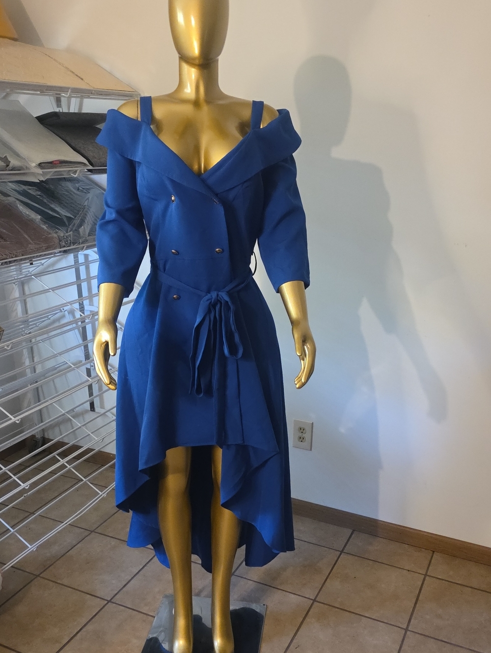 Off-Shoulder Royal Blue High-Low Dress with Tie Waist